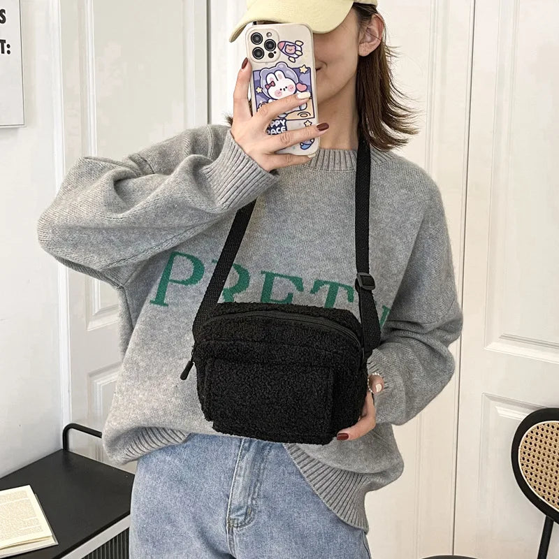 Plush Fabric Women's Crossbody Bag - Small Lambs Wool Fluffy Fur Winter F