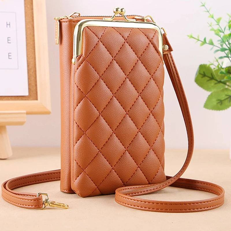 Women's Rhombus Mobile Phone Pocket Leather Messenger Purse