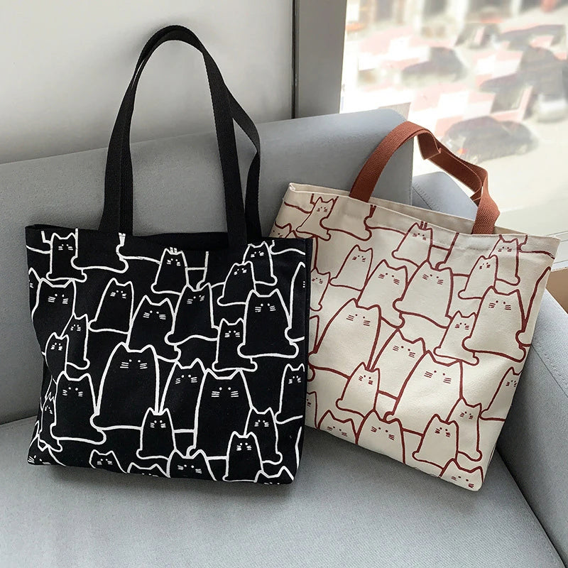 Spring Autumn Cat Tote Bag Small Canvas Handbag Zipper Shopper