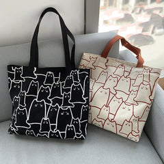 Spring Autumn Cat Tote Bag Small Canvas Handbag Zipper Shopper