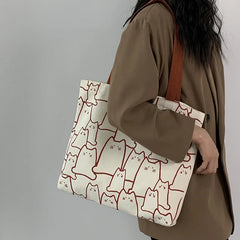 Spring Autumn Cat Tote Bag Small Canvas Handbag Zipper Shopper