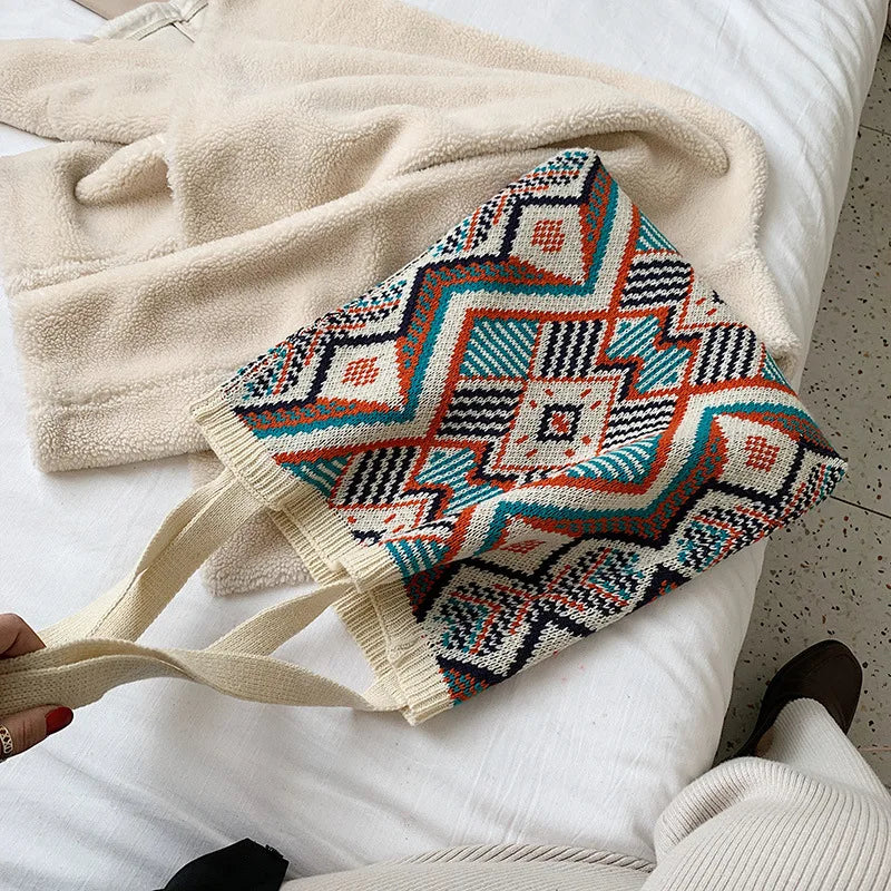 Geometric Patterns Wool Shoulder Tote Bag Soft Large Capacity for Women