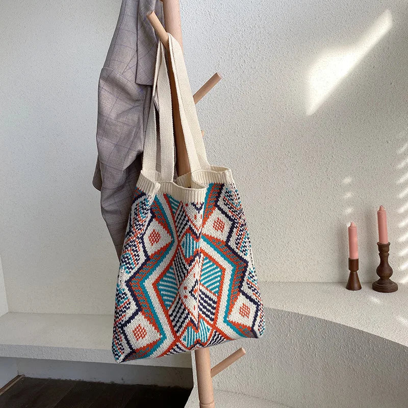 Geometric Patterns Wool Shoulder Tote Bag Soft Large Capacity for Women