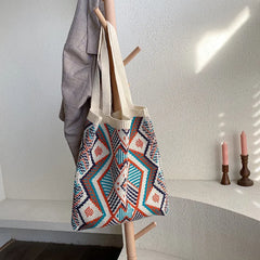 Geometric Patterns Wool Shoulder Tote Bag Soft Large Capacity for Women