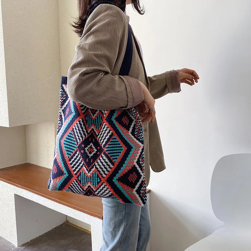 Geometric Patterns Wool Shoulder Tote Bag Soft Large Capacity for Women