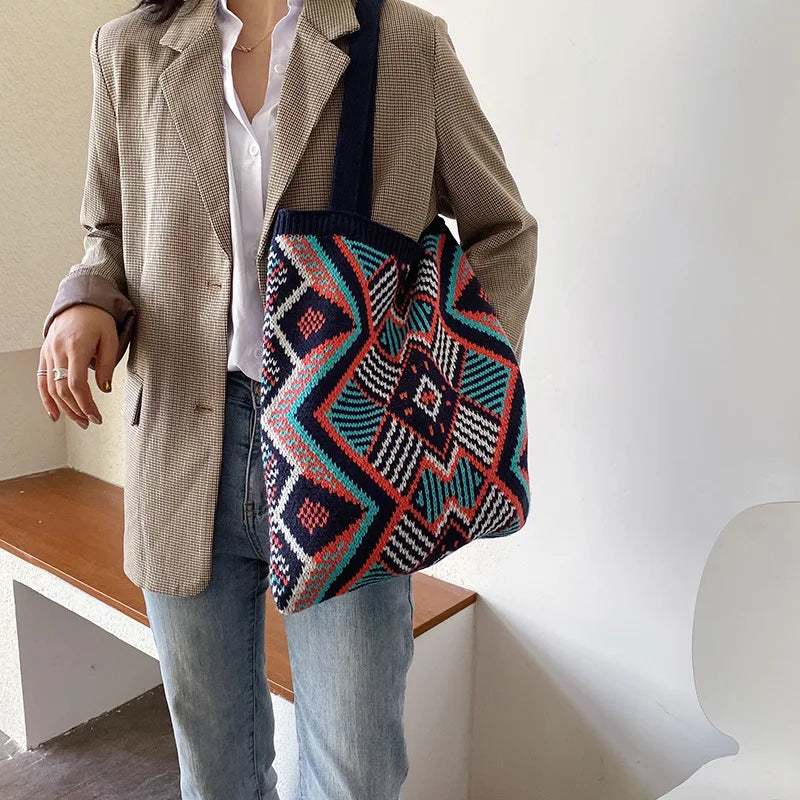 Geometric Patterns Wool Shoulder Tote Bag Soft Large Capacity for Women