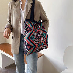 Geometric Patterns Wool Shoulder Tote Bag Soft Large Capacity for Women