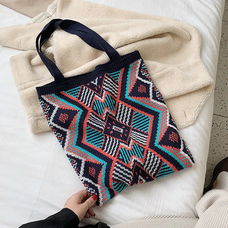 Geometric Patterns Wool Shoulder Tote Bag Soft Large Capacity for Women