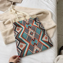 Geometric Patterns Wool Shoulder Tote Bag Soft Large Capacity for Women