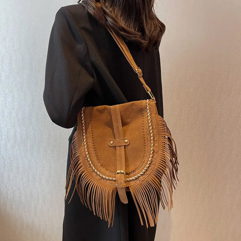 Vintage Tassel Crossbody Saddle Shoulder Bag Brown