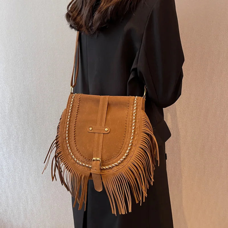 Vintage Tassel Crossbody Saddle Shoulder Bag Brown