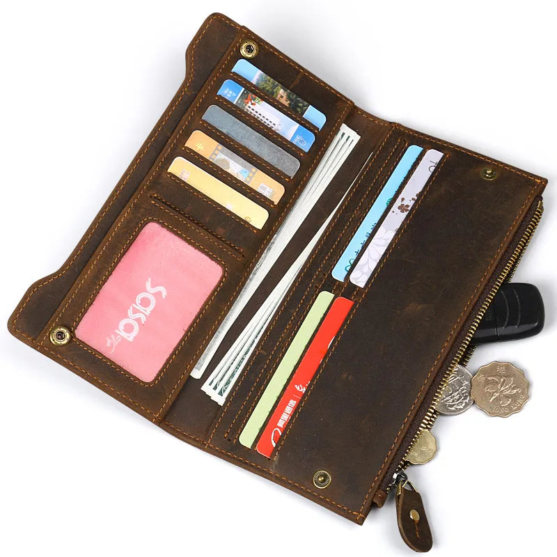 Men's Cow Leather Long Purse High Retro Style