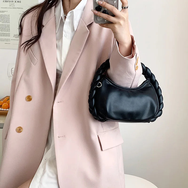 Weave Handle Leather Clutch Purse Small Shoulder Bag for Woman