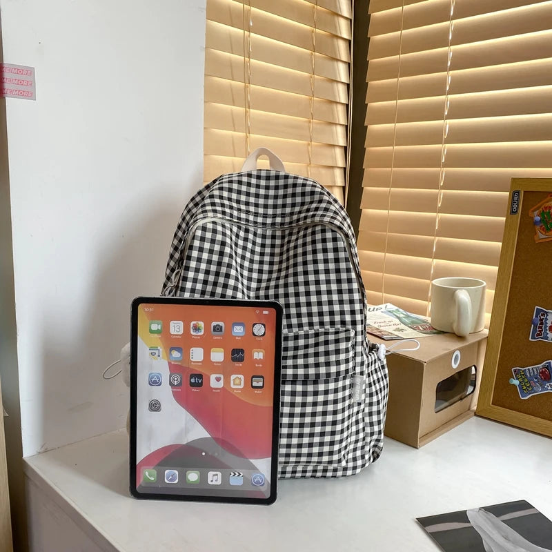 Women Plaid School Backpack Girls Travel Rucksack Ladies Large Capacity Bag