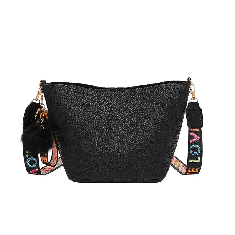 Women Tassel Wool Ball Lychee Pattern Crossbody Bag