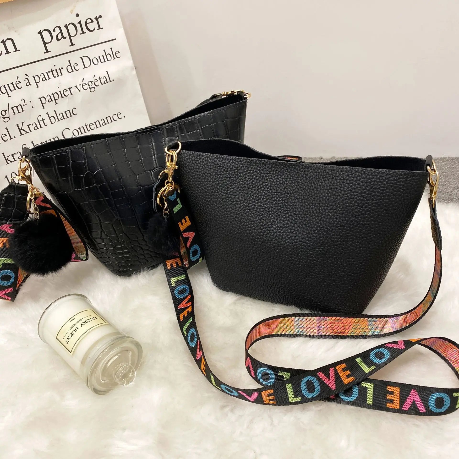 Women Tassel Wool Ball Lychee Pattern Crossbody Bag