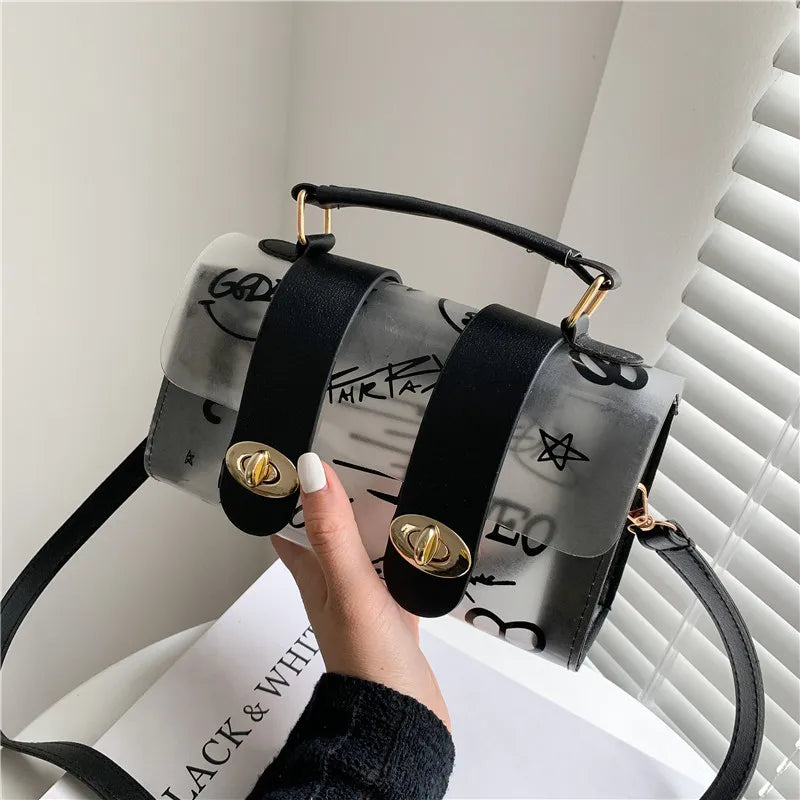 Women Shoulder Bag Pvc Transparent Graffiti Messenger Handbag Purse Crossbody