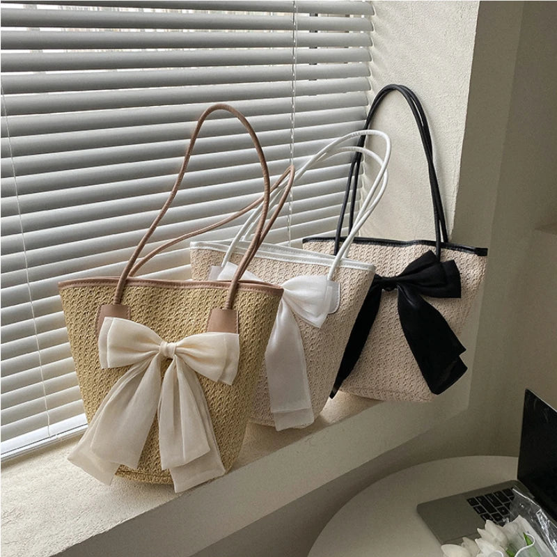 Women Straw Handbags Holiday Totes Lovely Bow Shoulder Bags Beach Bags