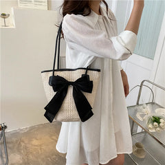 Women Straw Handbags Holiday Totes Lovely Bow Shoulder Bags Beach Bags