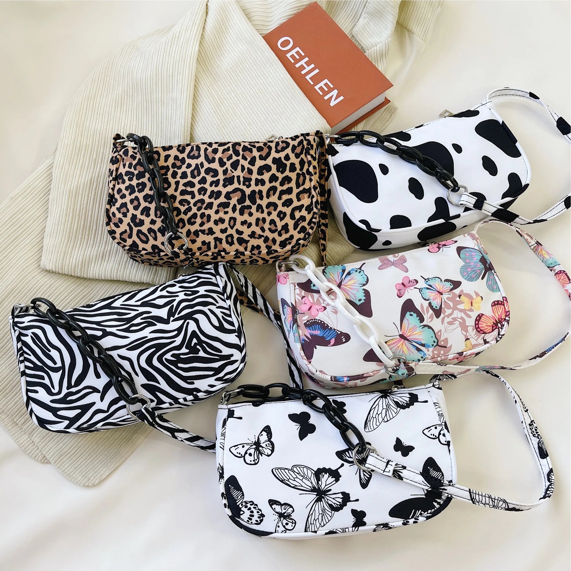 Leopard Print Shoulder Bag Colorful Butterfly Nylon Cloth Bags Chains Bag