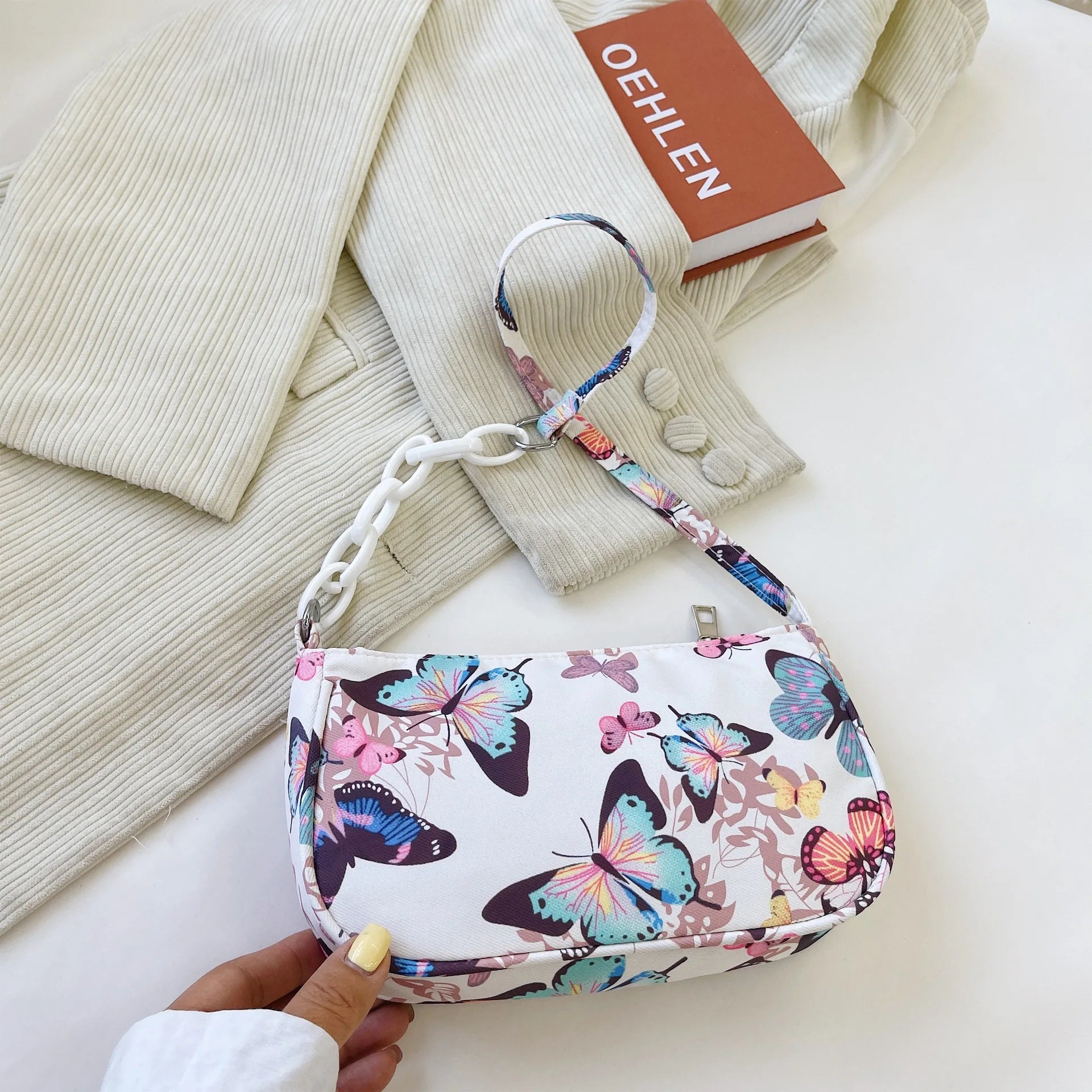 Leopard Print Shoulder Bag Colorful Butterfly Nylon Cloth Bags Chains Bag
