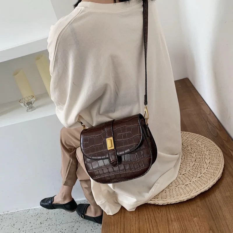 Women's PU Leather Saddle Bag Retro Western Shoulder Crocodile Crossbody