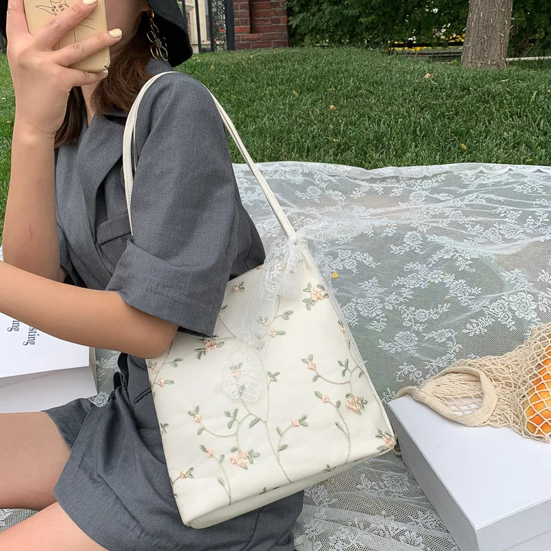 Women Girls Shoulder Bag Large Capacity Embroidered Lace Flower Tote Bags