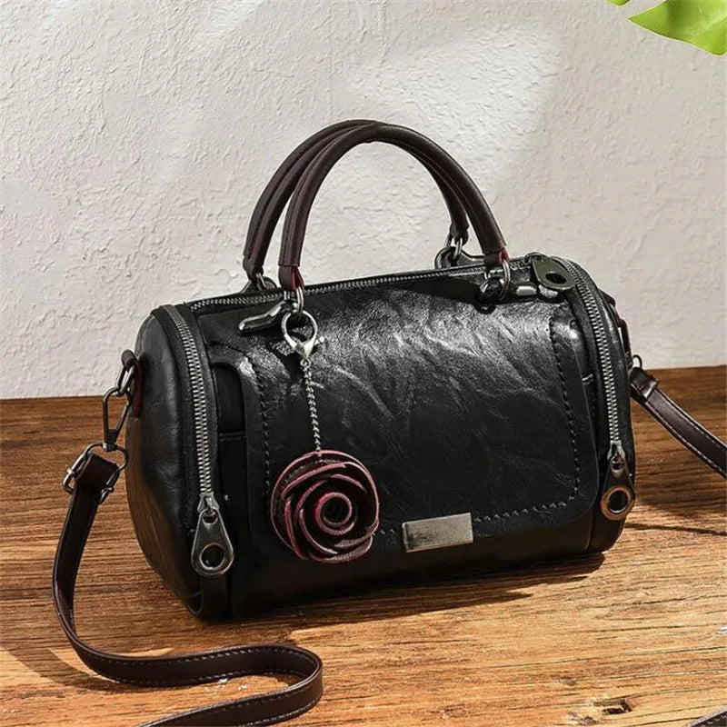 Flowers Pendant Handbag Women's Boston Bag Single Shoulder Bag