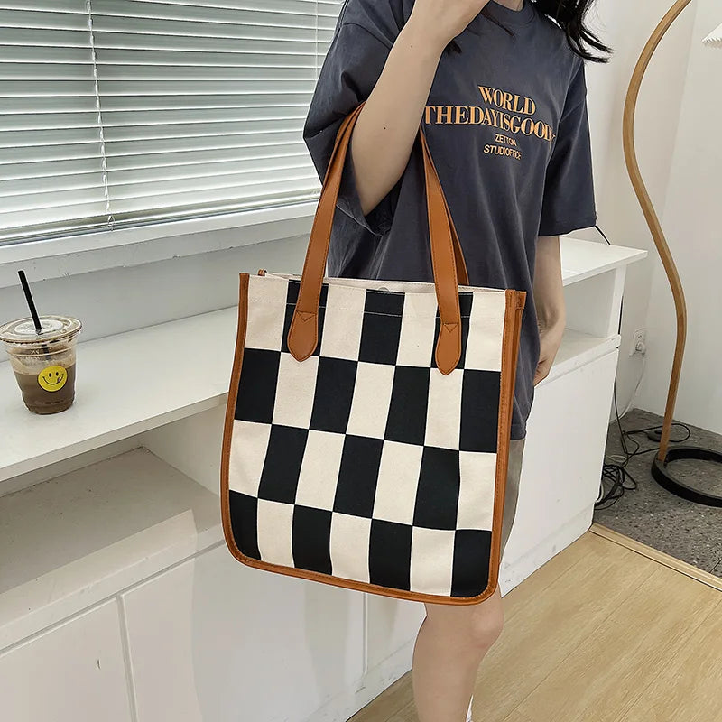 Plaid Canvas Women Shoulder Bag Travel Lady Bag Tote Canvas Messenger Bag