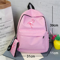 Flamingo Print Canvas School Backpack for Girls