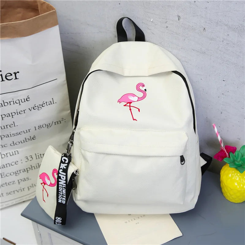 Flamingo Print Canvas School Backpack for Girls