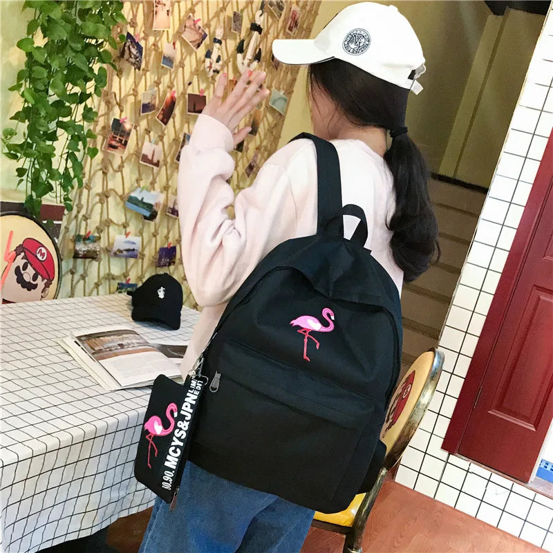 Flamingo Print Canvas School Backpack for Girls
