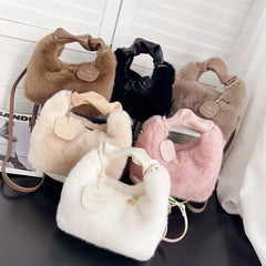 Women's Soft Faux Fur Bag with Pu Leather Handle