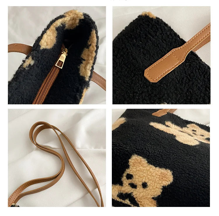 Lamb Plush Bear Bag Women Shoulder Bags Large Capacity Tote Bag All-match Hot