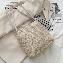 Summer Dot Silk Scarf Straw Shoulder Bag for Women