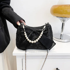 Summer Pearls Chains Shoulder Bag Flap Crossbody Purse Lady Messenger Handbag