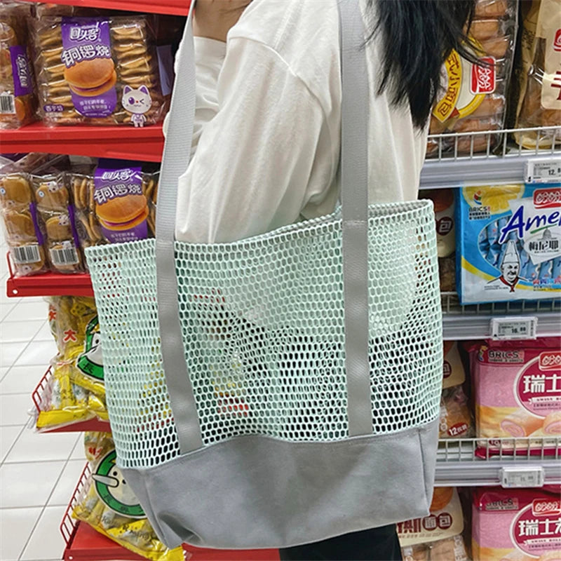 Summer Japanese Women's Fold Canvas Mesh Beach Tote Handbag