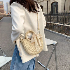 Summer Tassel Straw Shoulder Bag for Women Casual Hand-woven