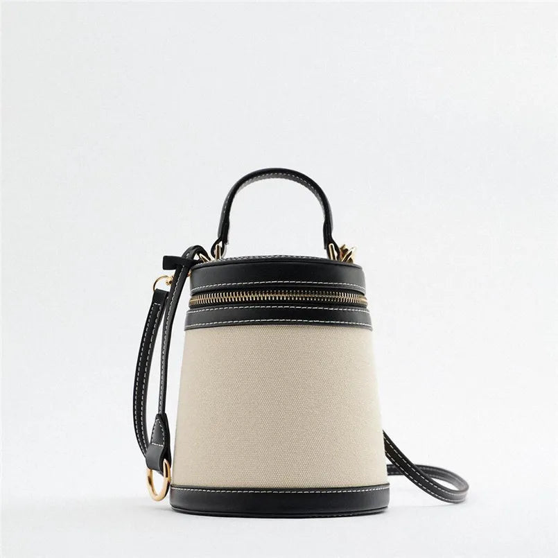 Canvas Bucket Bag Round Flap Shoulder Crossbody Tote Handbag