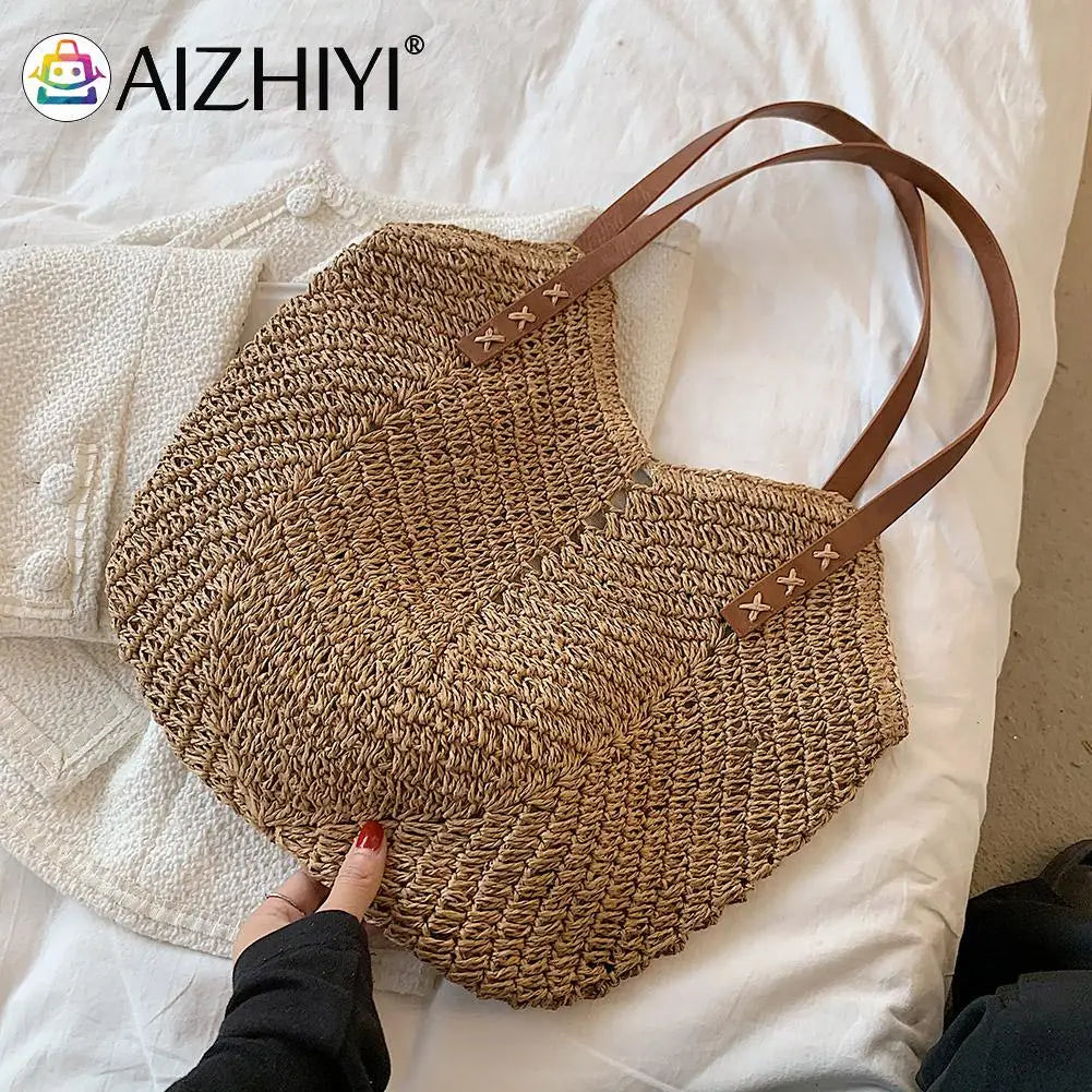 Summer Women Straw Top-Hand Bag Casual Woven Shoulder Travel Beach Hollow