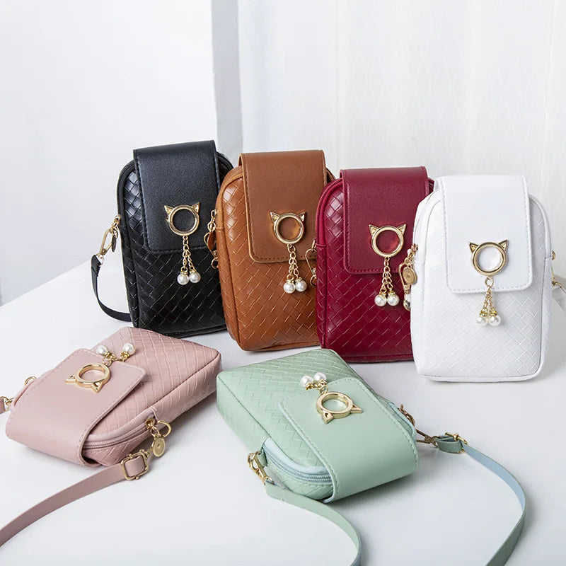 Mini Shoulder Messenger Bag for Women, PU Wallet with Key Case, Solid Color