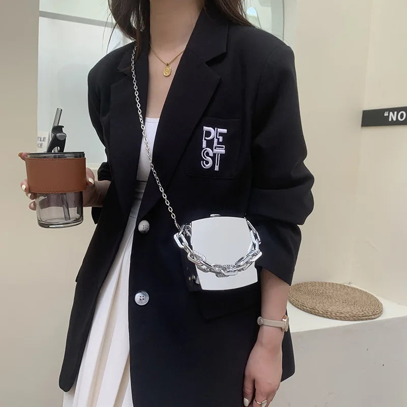 Silver PVC Evening Clutch Bag with Chain Shoulder Strap
