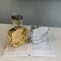Silver PVC Evening Clutch Bag with Chain Shoulder Strap