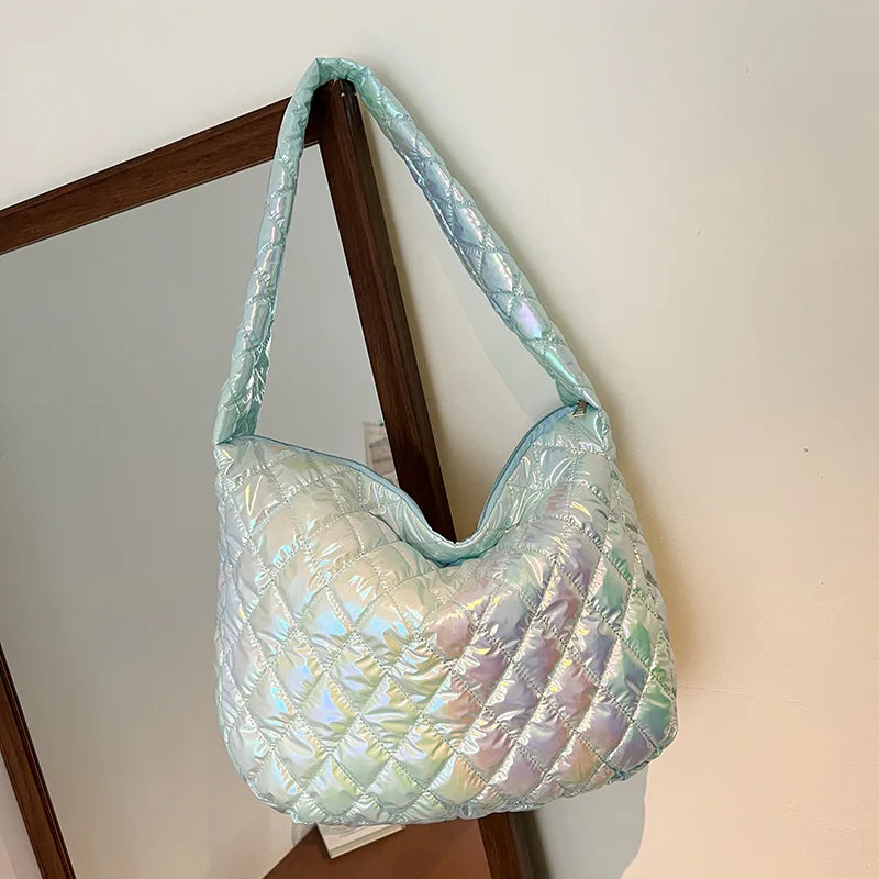 Rainbow Puffy Padded Quilting Tote Bag for Women