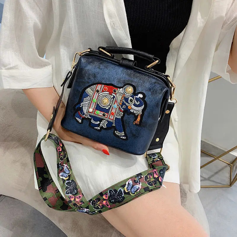 Vintage Elephant Embroidery Bag Wide Butterfly Belt Crossbody Tote Handbag