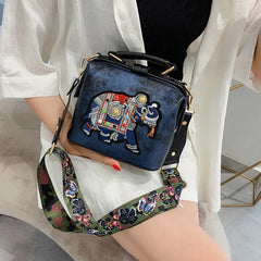 Vintage Elephant Embroidery Bag Wide Butterfly Belt Crossbody Tote Handbag
