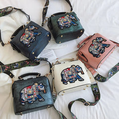 Vintage Elephant Embroidery Bag Wide Butterfly Belt Crossbody Tote Handbag