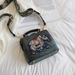 Vintage Elephant Embroidery Bag Wide Butterfly Belt Crossbody Tote Handbag