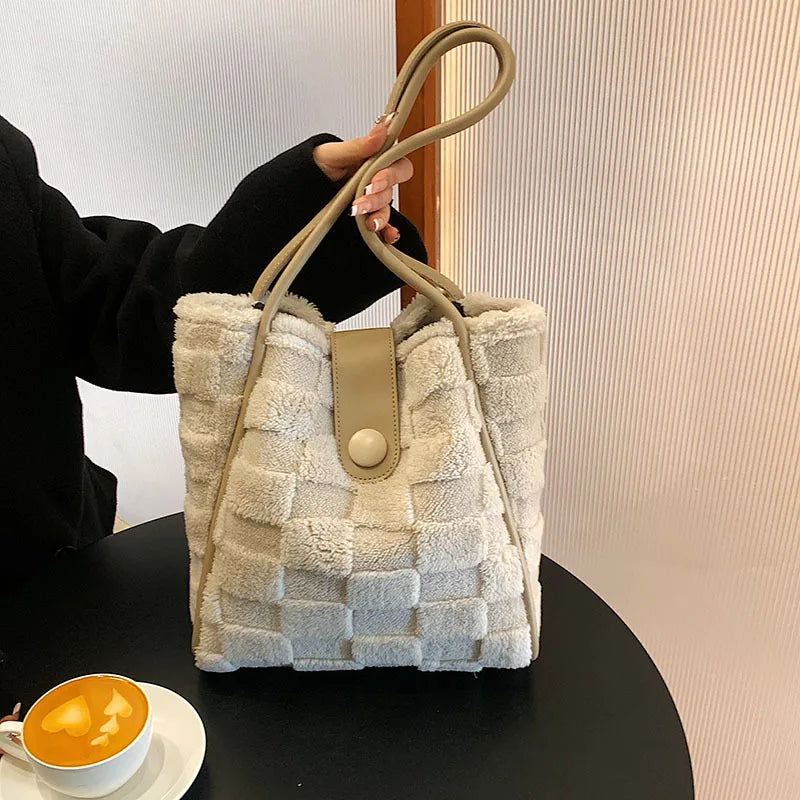 Winter Fur Tote Handbag for Women, Large Warm Shoulder Bag