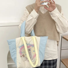 Winter Down Feeling Large Capacity Tote Bag Women's Puppy Print Shoulder Bag